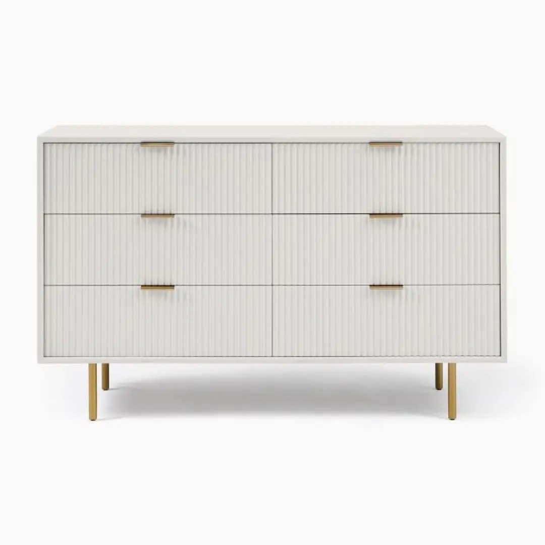 White Ribbed 6-Drawer Dresser with Gold Handles – Modern Luxe Storage