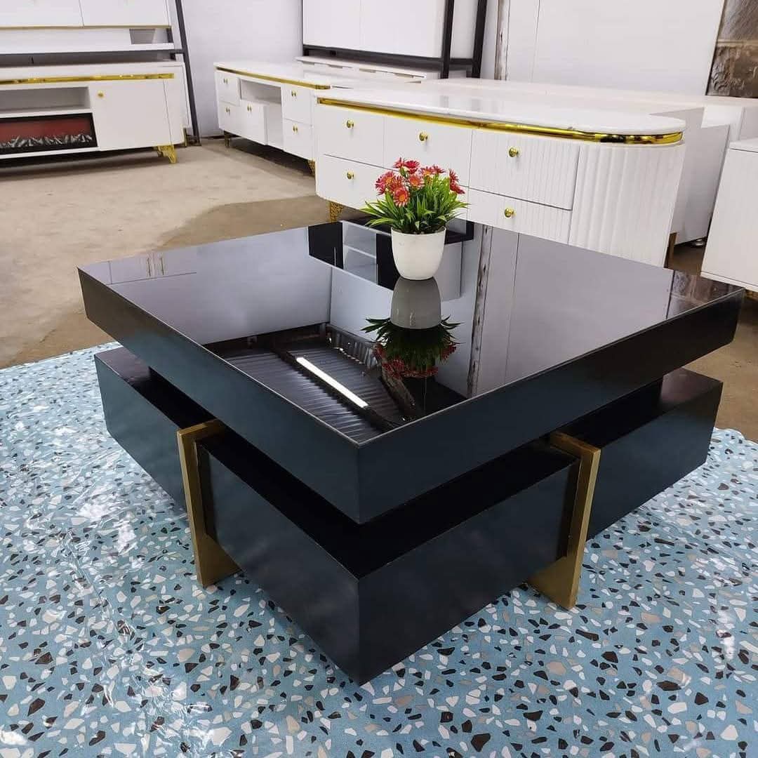 Glossy Black Rectangular Coffee Table with Gold Trim – Luxury Living Room Centerpiece in Nairobi