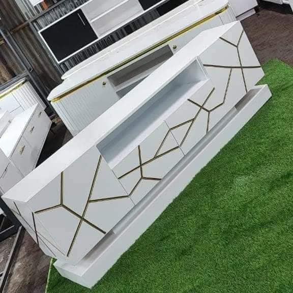 Modern White & Gold Geometric TV Stand – Sleek Statement Piece