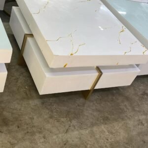 White Marble-Effect Coffee Table with Gold Trim – Geometric Luxury Design in Nairobi