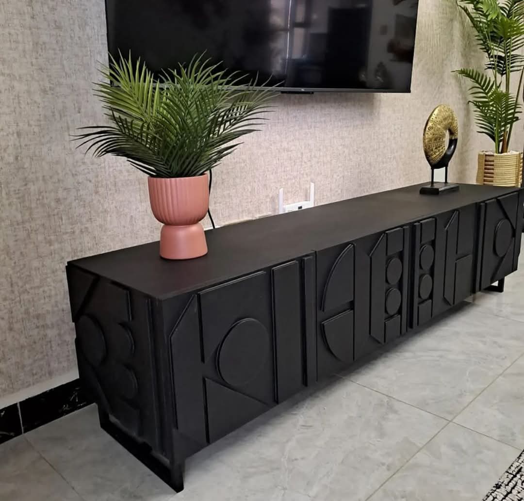 Luxury Black TV Stand with Carved Doors – Modern Statement Piece in Kenya