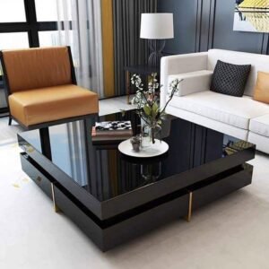 Glossy Black Square Coffee Table – Modern Centerpiece with Gold Legs