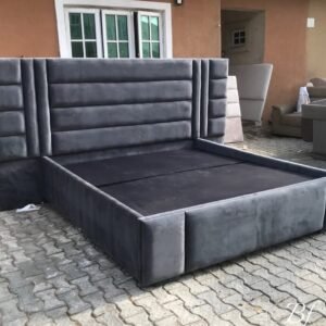 Minimalist Charcoal Grey Velvet Bed with Block Panel Design