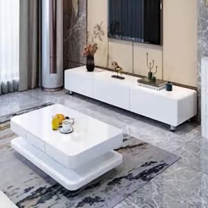 White TV stand and coffee table set in a modern living room, Nairobi Kenya