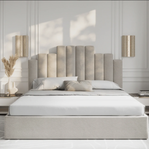 Pebble grey upholstered bed with sculpted vertical panel headboard, modern bedroom style in Kenya