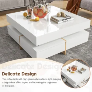 White square coffee table with two drawers showing detailed size measurements in inches