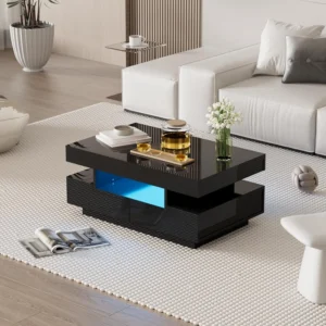 Modern black storage coffee table with layered design and hidden drawers in a contemporary Nairobi living room