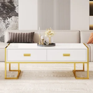 White coffee table with two drawers and gold metal legs in a modern living room
