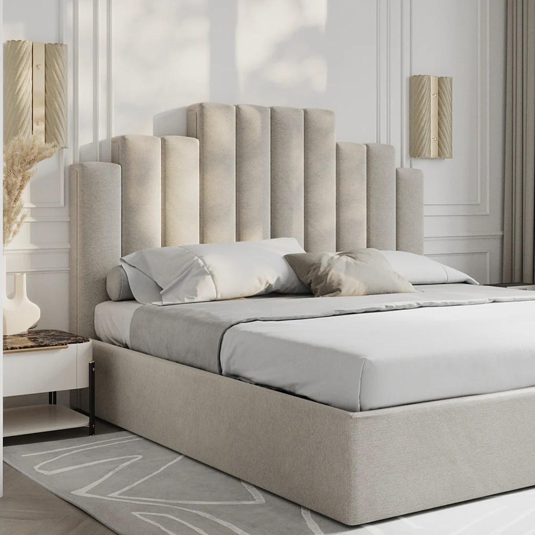 Pebble grey upholstered bed with sculpted vertical panel headboard, modern bedroom style in Kenya