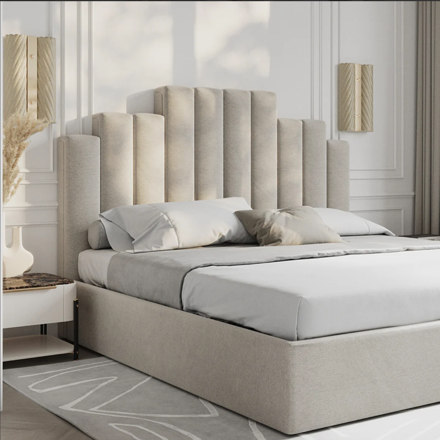Pebble grey upholstered bed with sculpted vertical panel headboard, modern bedroom style in Kenya
