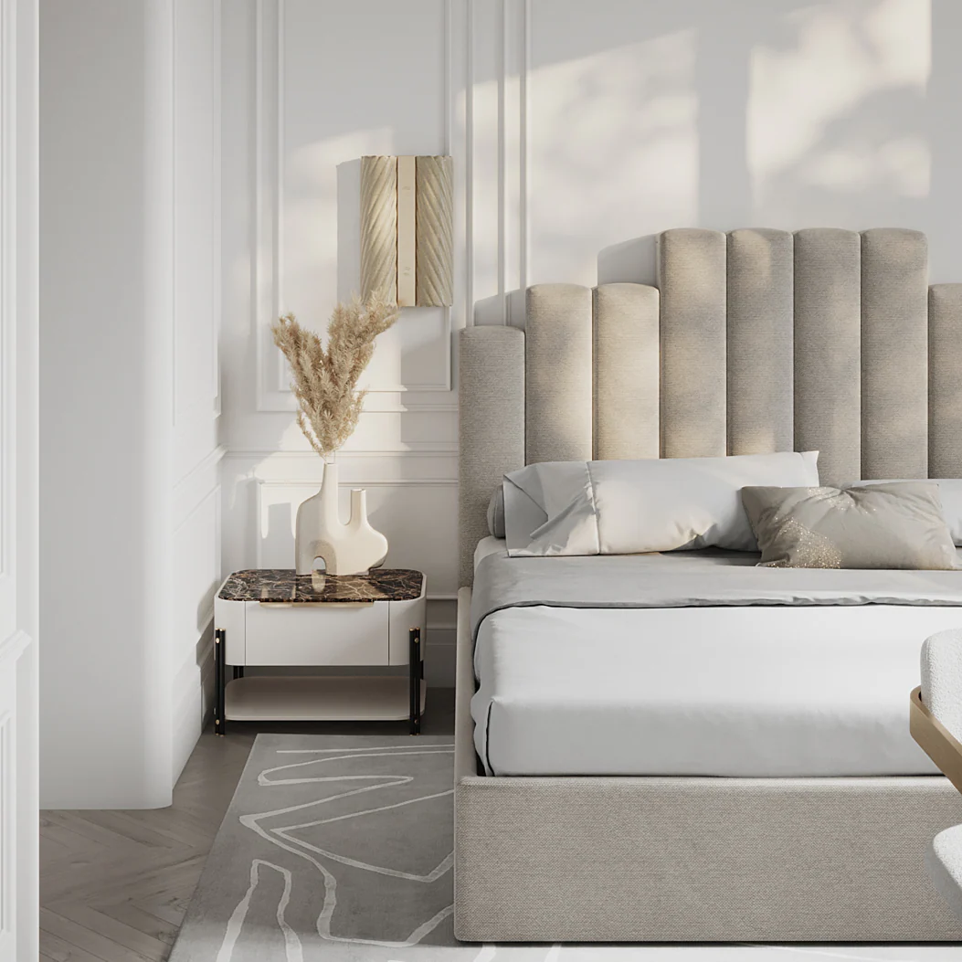 Pebble grey upholstered bed with sculpted vertical panel headboard, modern bedroom style in Kenya