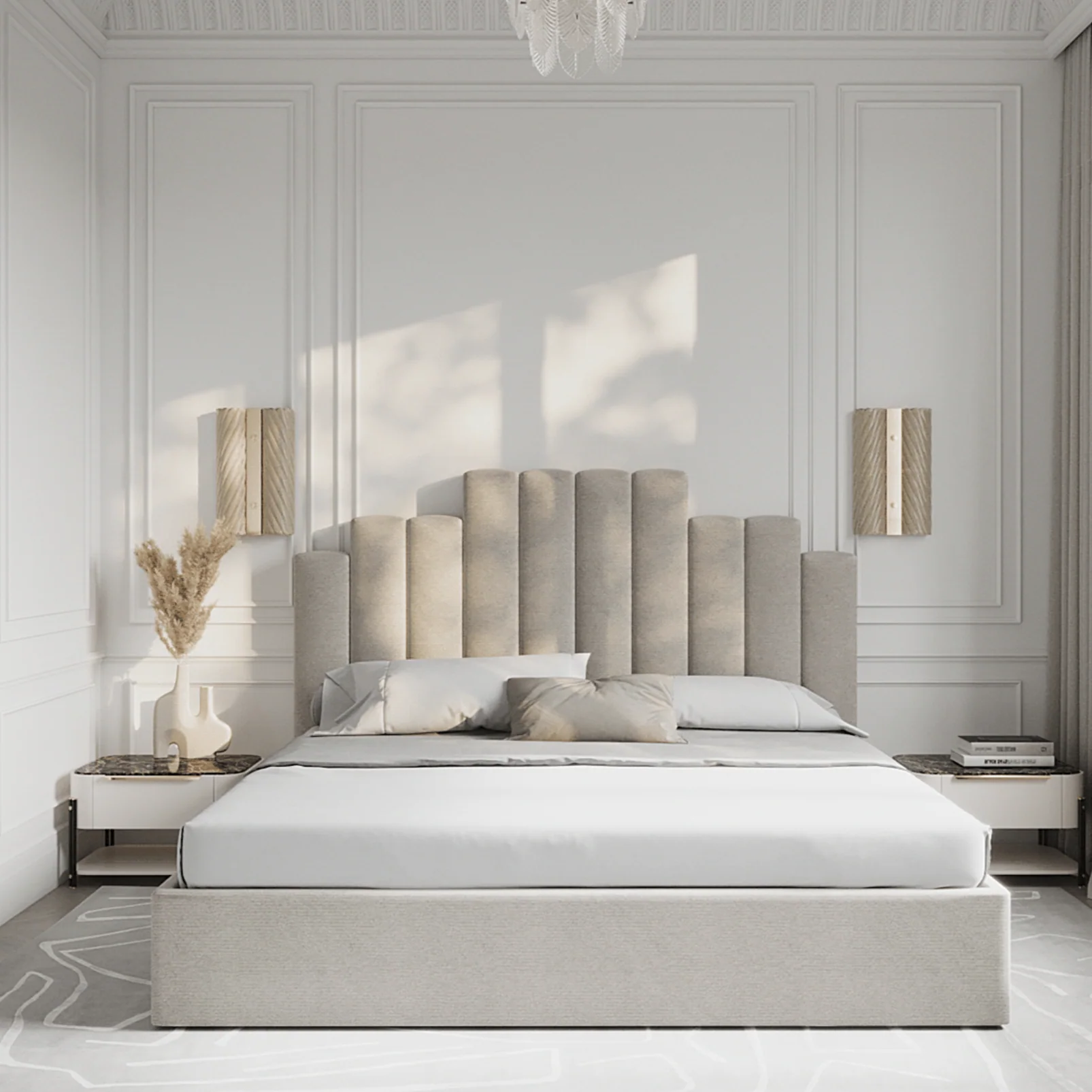 Pebble grey upholstered bed with sculpted vertical panel headboard, modern bedroom style in Kenya