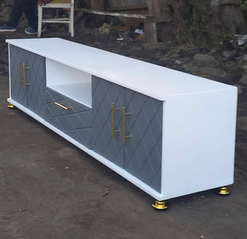 Luxury TV Stand with Glossy Finish – White & Grey Media Unit with Gold Legs (Kenya) - Image 2