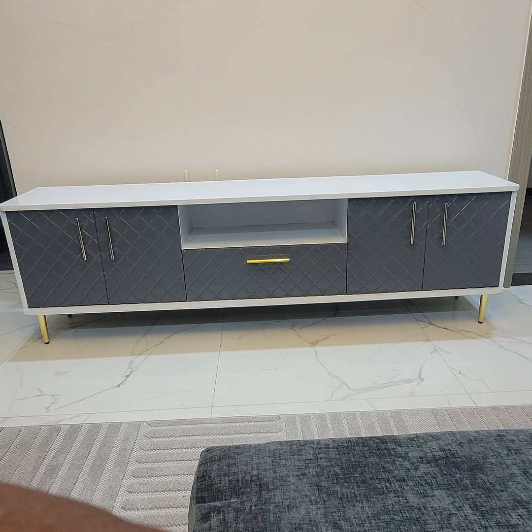 Luxury TV Stand with Glossy Finish – White & Grey Media Unit with Gold Legs (Kenya)
