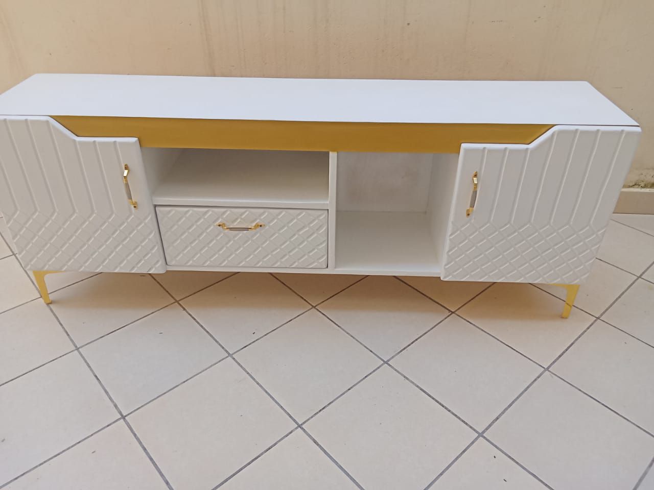 Luxury TV Stand with Glossy Finish – White & Grey Media Unit with Gold Legs (Kenya) - Image 3