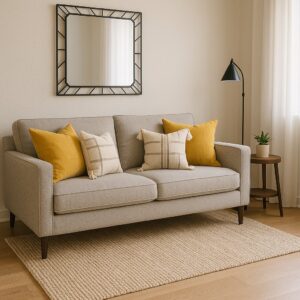 Modern light gray sofa with mustard yellow throw pillows, a textured beige rug, a round wall mirror, and a wooden side table with a black floor lamp.
