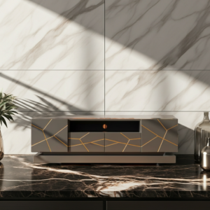 Brown TV stand with geometric gold inlay design in a modern living room, Nairobi Kenya