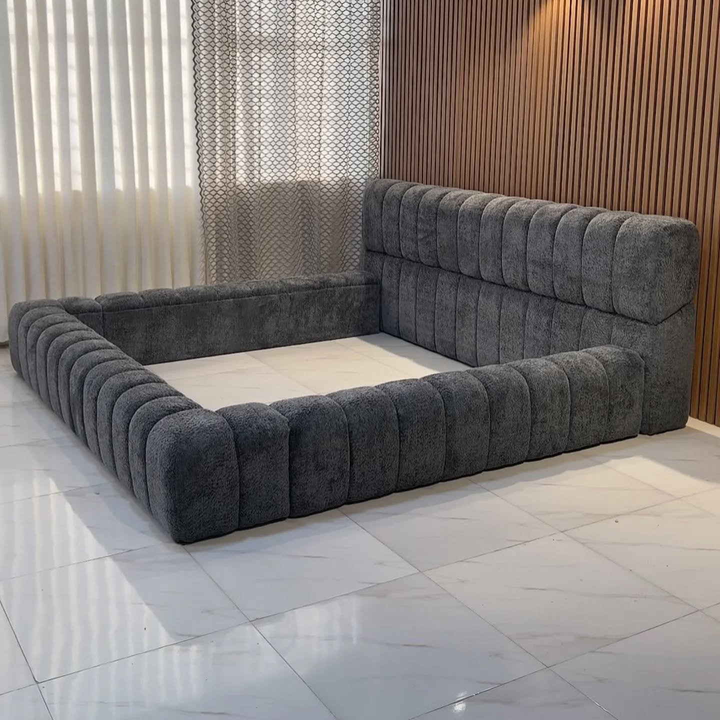 Upholstered Bouclé Platform Bed, Channel Tufted, Low Profile (Grey) - Image 3