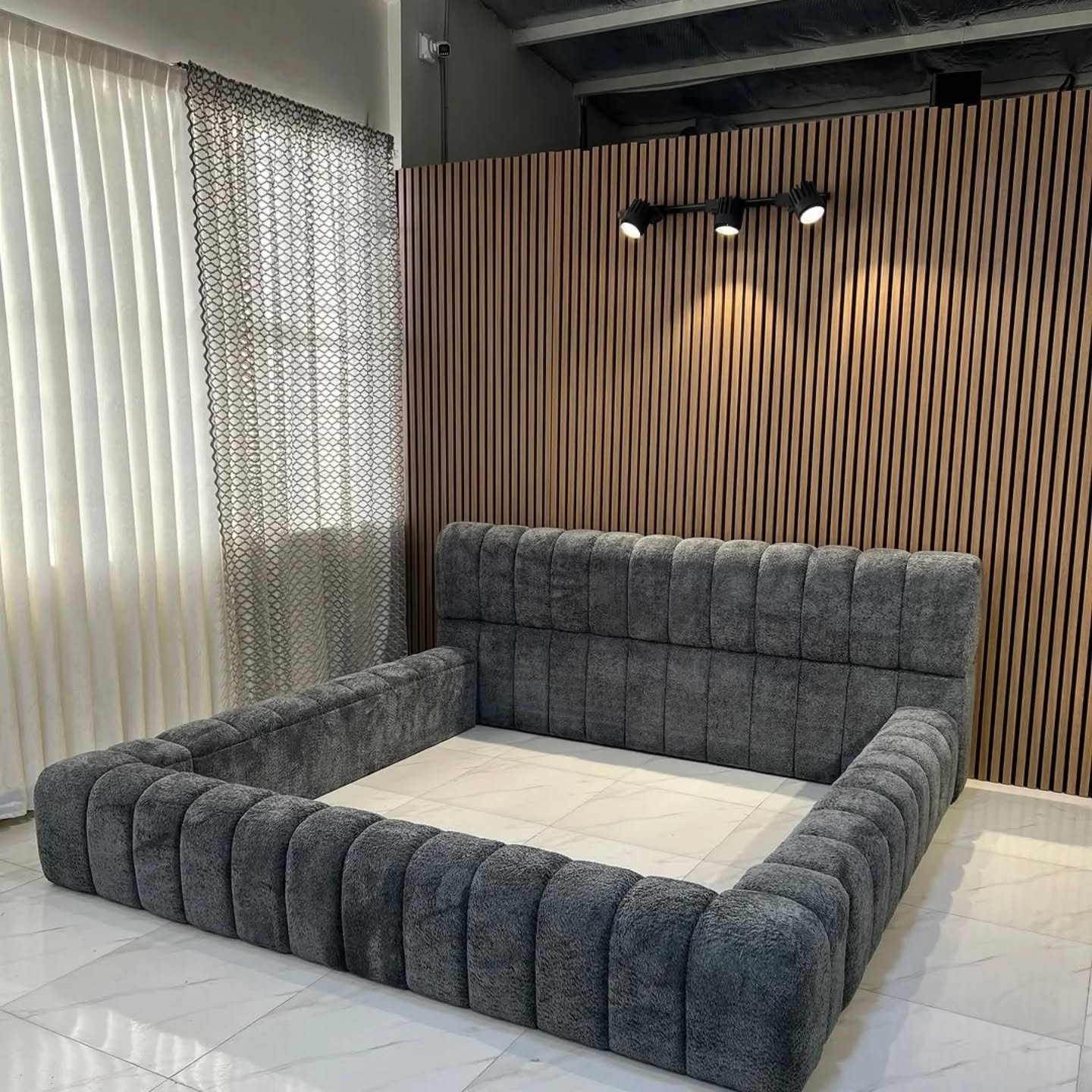 Upholstered Bouclé Platform Bed, Channel Tufted, Low Profile (Grey) - Image 2