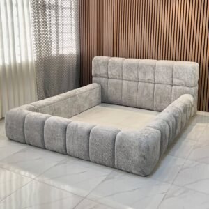 Boucle Upholstered Platform Bed 5x6 and 6x6 Kenya, Padded Headboard Grey