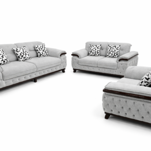 Grey tufted fabric sofa set with a 3 seater and two single chairs in a Nairobi showroom