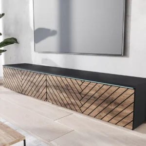 180cm wall mounted TV cabinet with herringbone wood pattern and black frame in Kenya living room