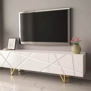 Modern white TV stand with gold geometric design, open shelf, and closed storage cabinet, Kenya