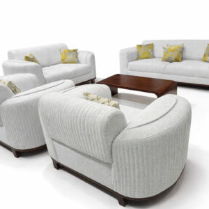 Executive ivory sofa set 3-2-1-1 with textured upholstery and modern curved arms arranged in a showroom setting