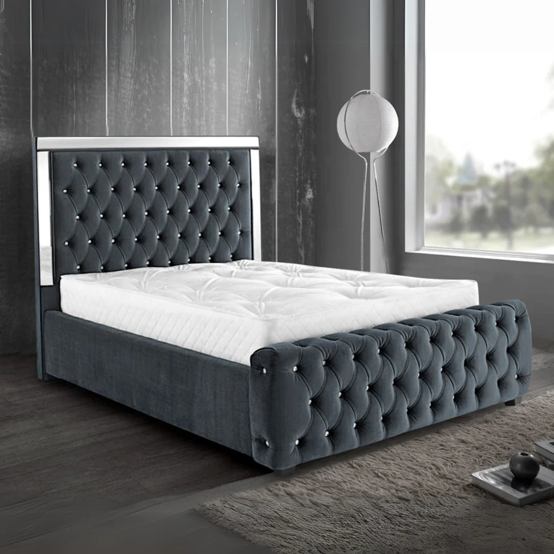Chesterfield upholstered bed with diamond tufted headboard and footboard, crystal-style buttons, metallic trim, available in 5x6 or 6x6 and many colours in Kenya