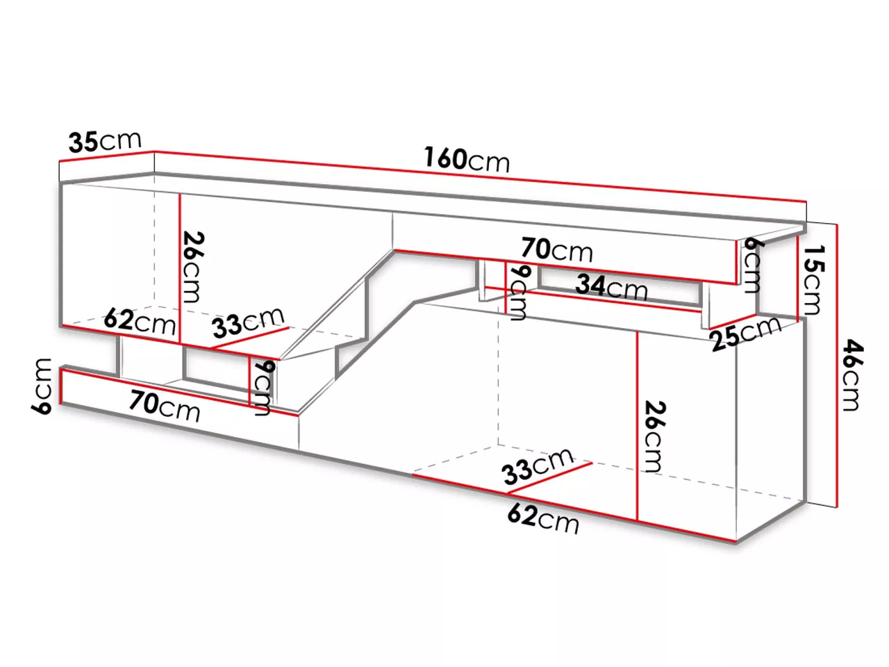 160cm TV cabinet furniture Kenya dimension diagram showing width height and shelf measurements
