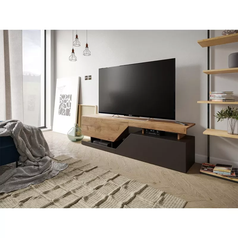Modern 160cm TV cabinet furniture Kenya wood and black wall mounted design with open shelves