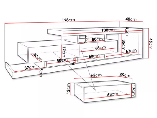 198cm TV cabinet furniture Kenya dimension diagram with shelf measurements