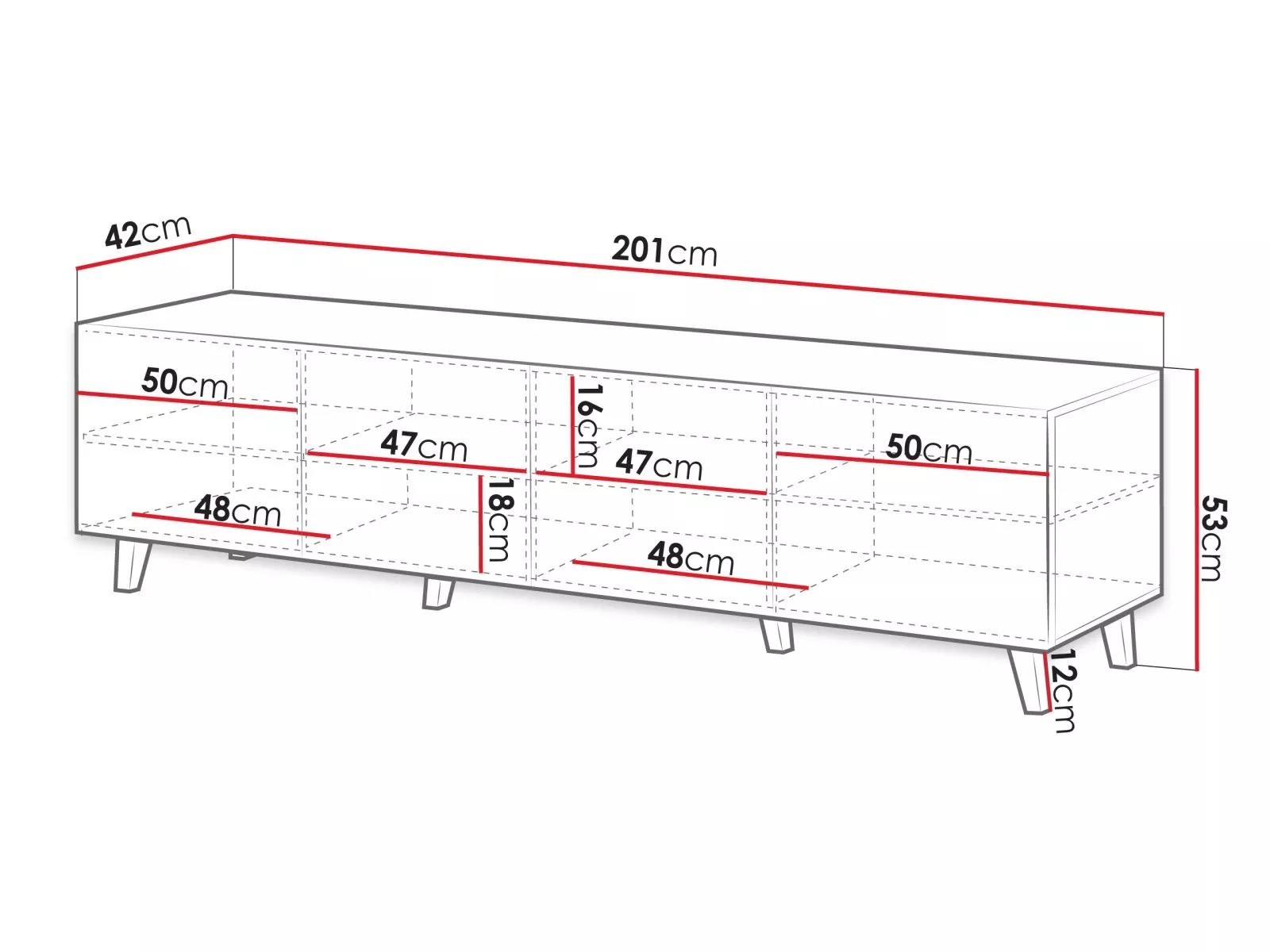 201cm TV cabinet furniture Kenya dimension diagram showing width height and shelf sizes
