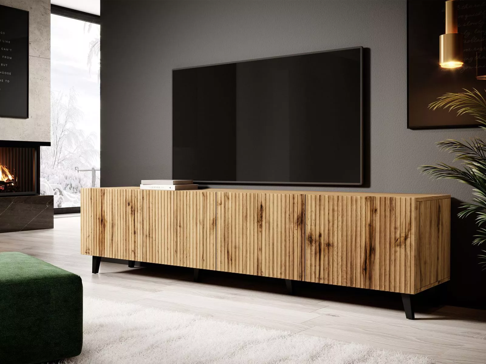 201cm TV cabinet furniture Kenya ribbed wood finish with black legs modern design