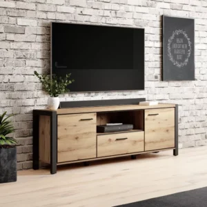 TV cabinet with doors open showing shelves and central drawer storage