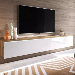 180cm wall mounted TV cabinet with white gloss doors and wood finish in Kenya living room
