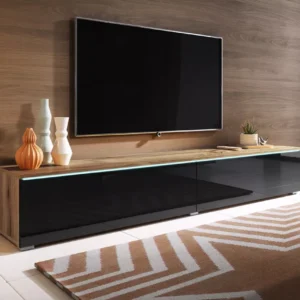 180cm wall mounted TV cabinet wood finish with glossy black doors in Kenya living room