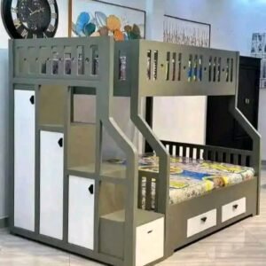 grey and white double decker bed with wardrobe shelves and drawers Kenya