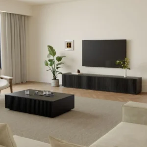modern black fluted coffee table and tv stand set in Nairobi living room