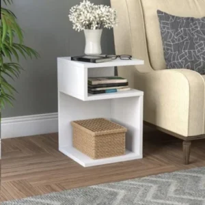 modern white side table beside beige sofa in Nairobi home interior