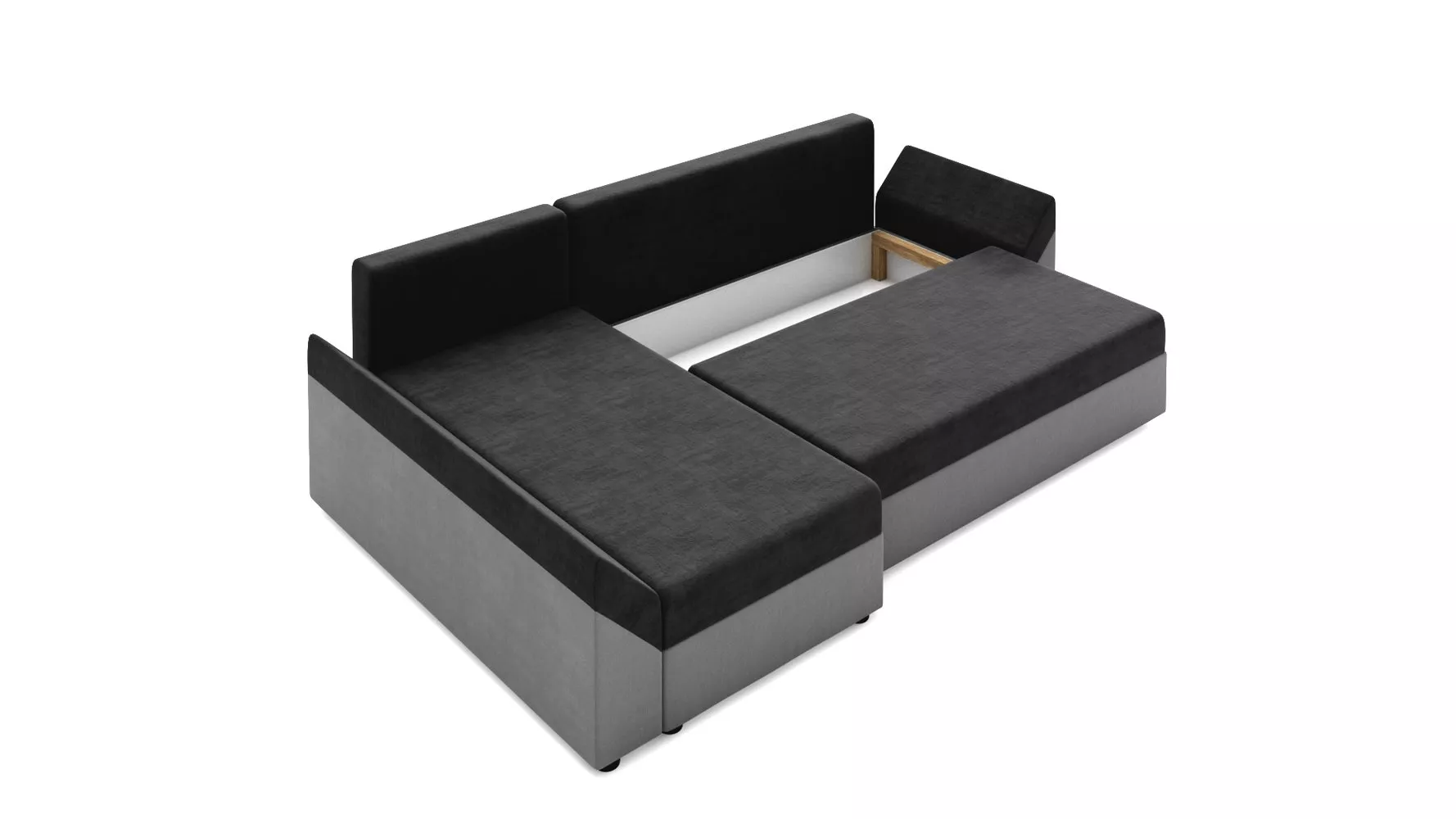 Corner sofa bed extended to sleeping position with large mattress surface