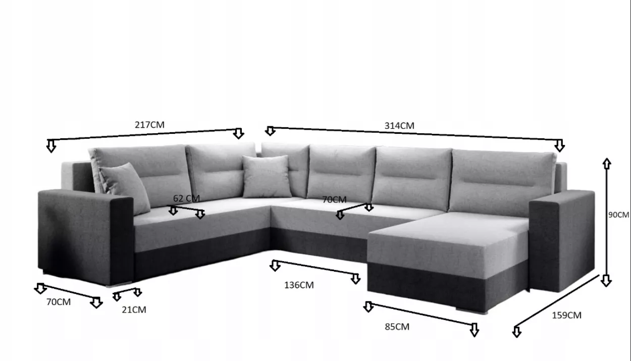 U shape sofa bed dimensions showing 314 cm width and sleeping area