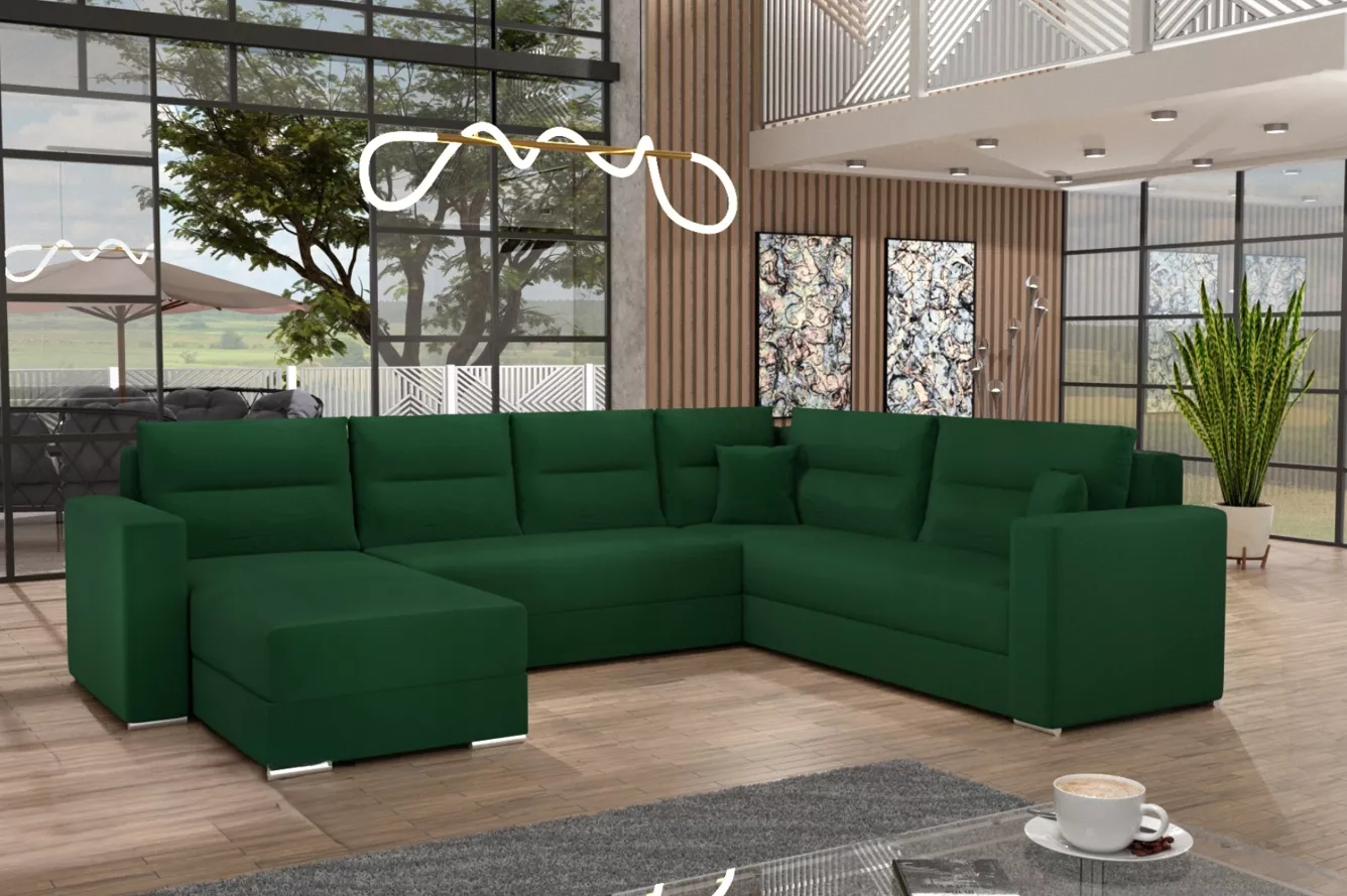 Large green U shape sofa bed in modern living room Kenya
