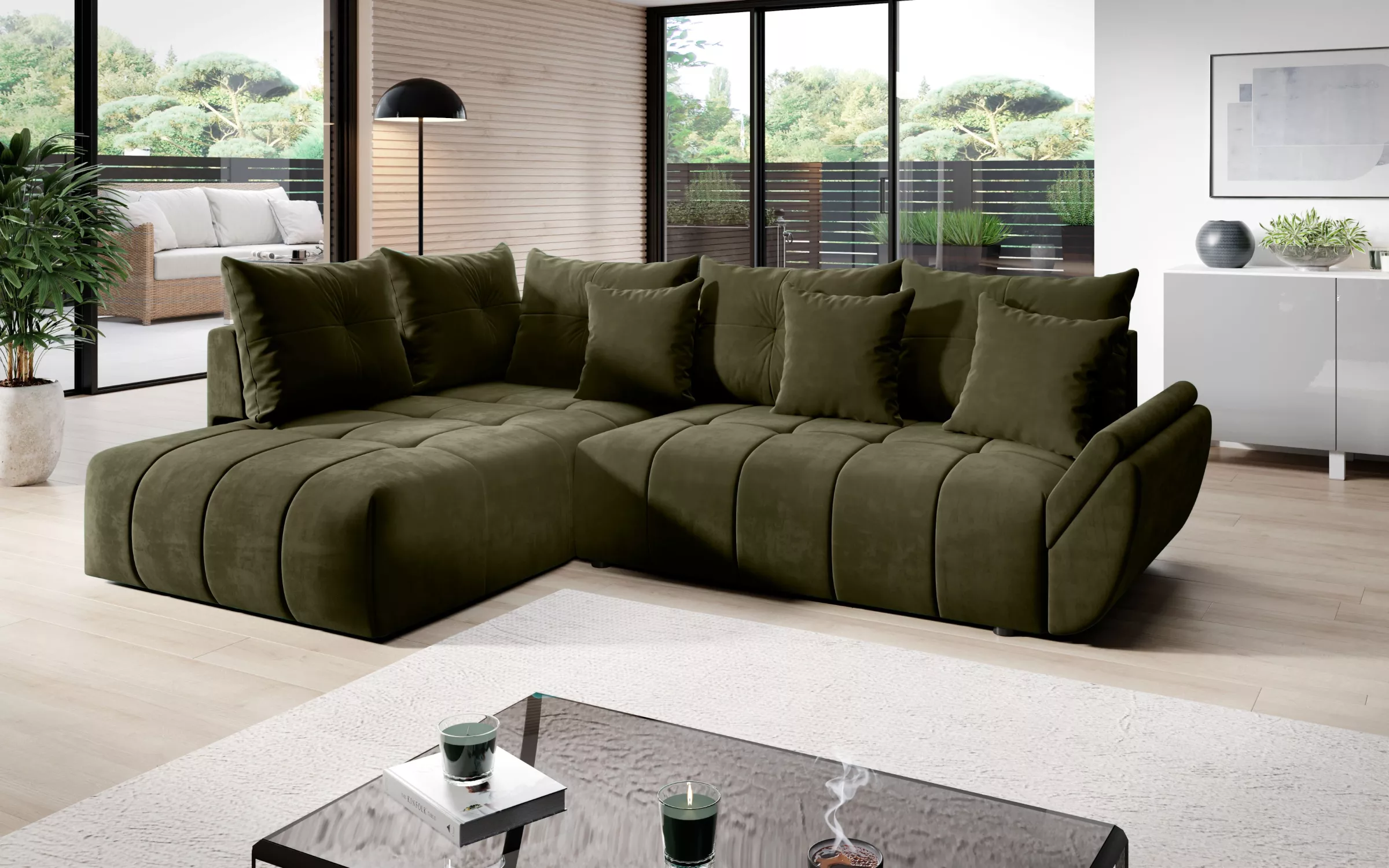 Green L shape sofa with chaise in modern living room Kenya