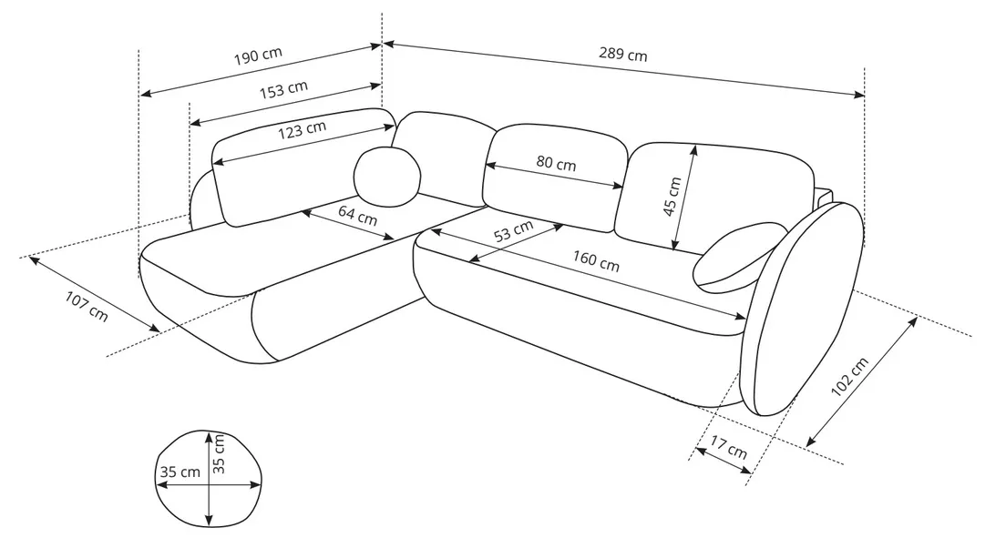 L shape sofa dimensions showing 289 cm width and chaise layout