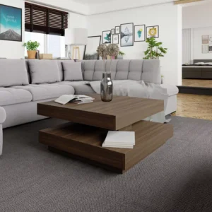 brown wooden look coffee table beside grey sectional sofa in Nairobi living room