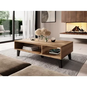 solid wood coffee table with open shelves in Nairobi home