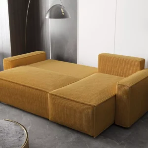 Mustard corduroy style L shape sofa bed converted into bed