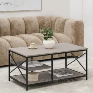 industrial coffee table with metal frame and wood look shelves in Kenya living room