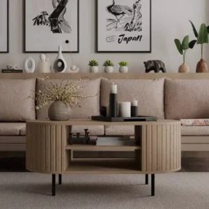 oval wooden look coffee table with slatted panel design in Nairobi home